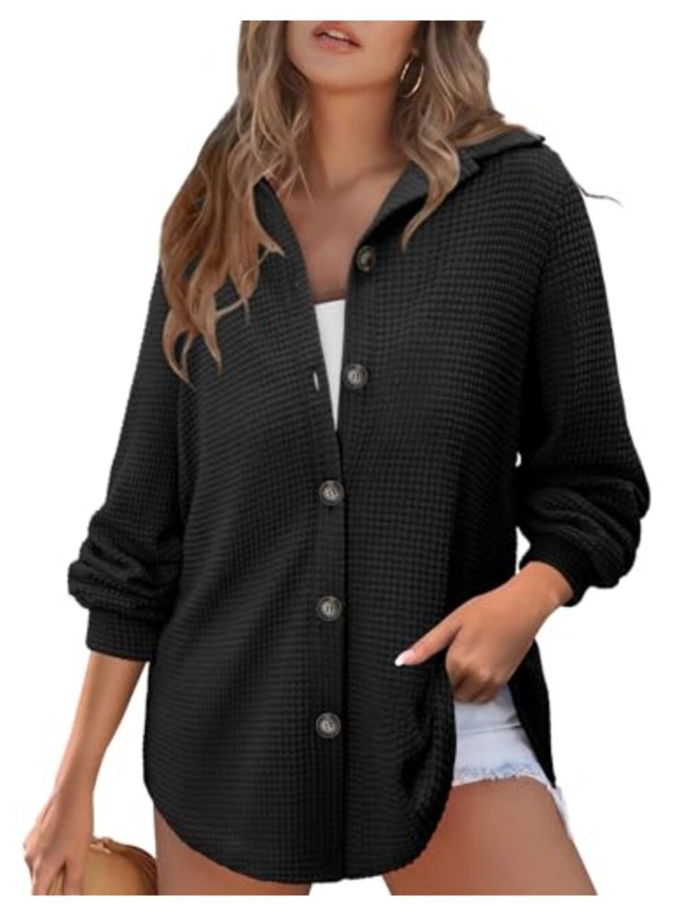 Waffle Knit Long Sleeve V-Neck Pullover Top